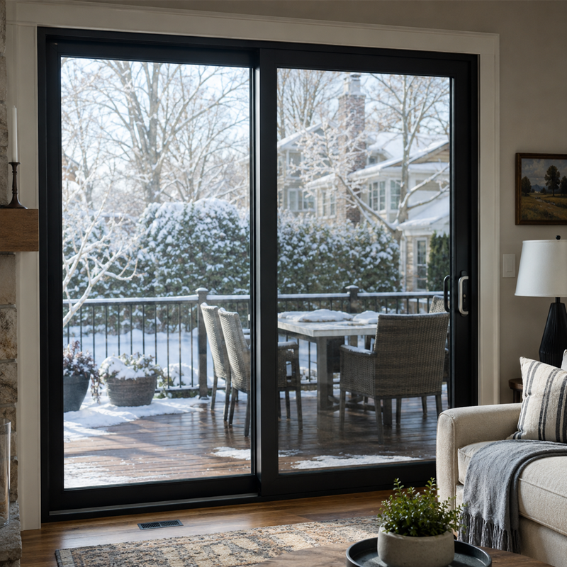ProVia-style black sliding patio door installed in a Minneapolis home for comfort and winter performance.