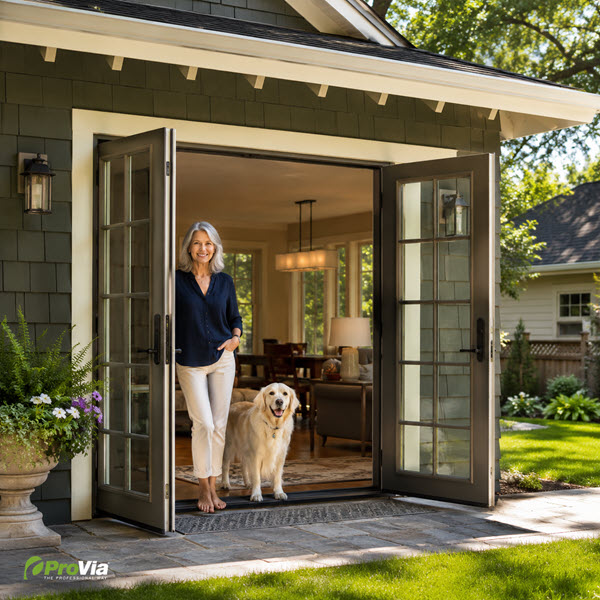 Craftsman home in Minneapolis with replacement French patio doors and happy homeowner
